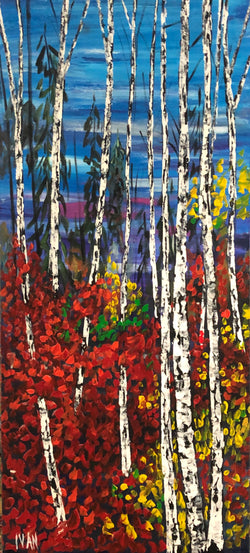 Birches on Red and Blue